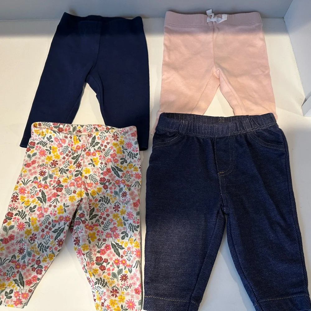 Carter’s 4pc Bundle of 3M Baby Girl Leggings - Floral, Denim, Light Pink, & Navy